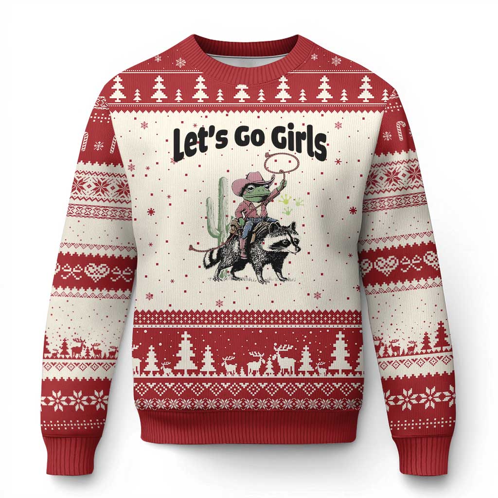 Cowboy Frog Riding Raccoon Ugly Christmas Sweater Let's Go Girls - Wonder Print Shop