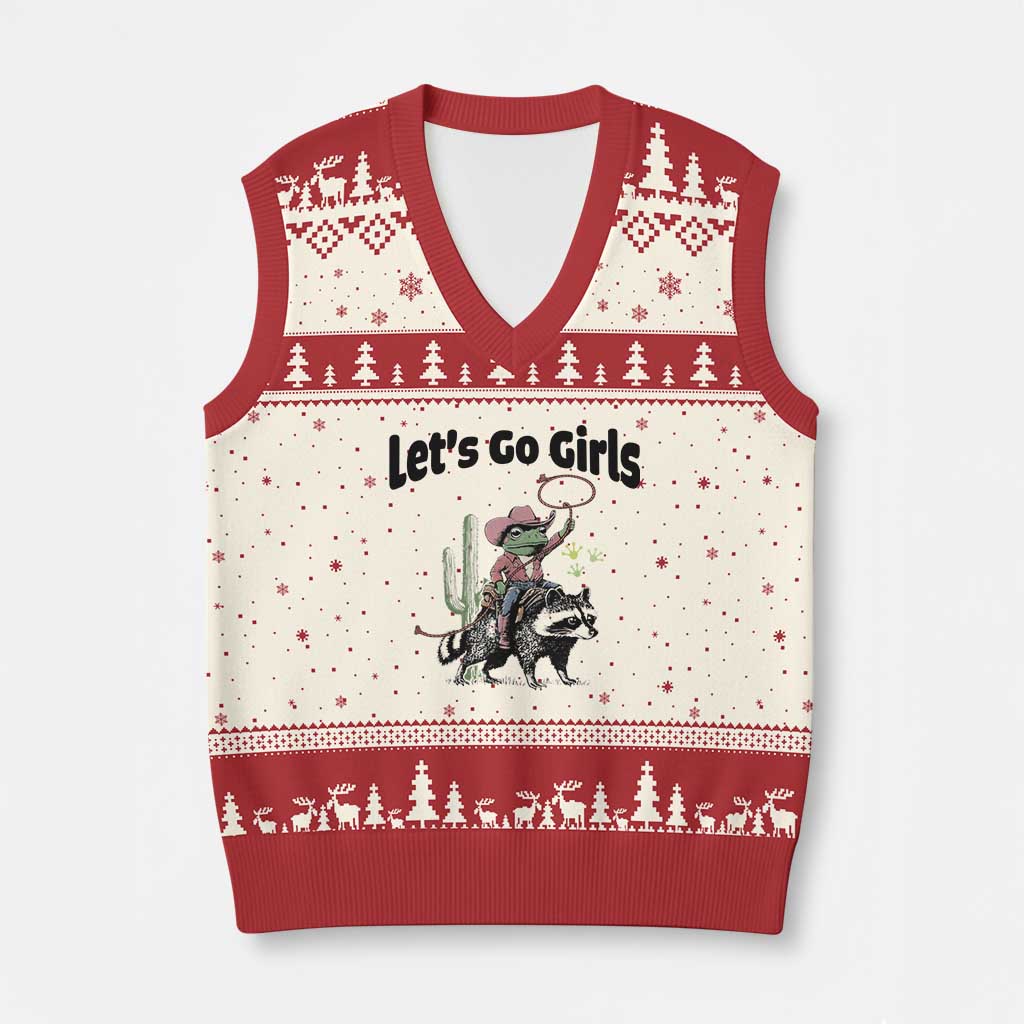 Cowboy Frog Riding Raccoon V-Neck Knit Sweater Vest Let's Go Girls - Wonder Print Shop