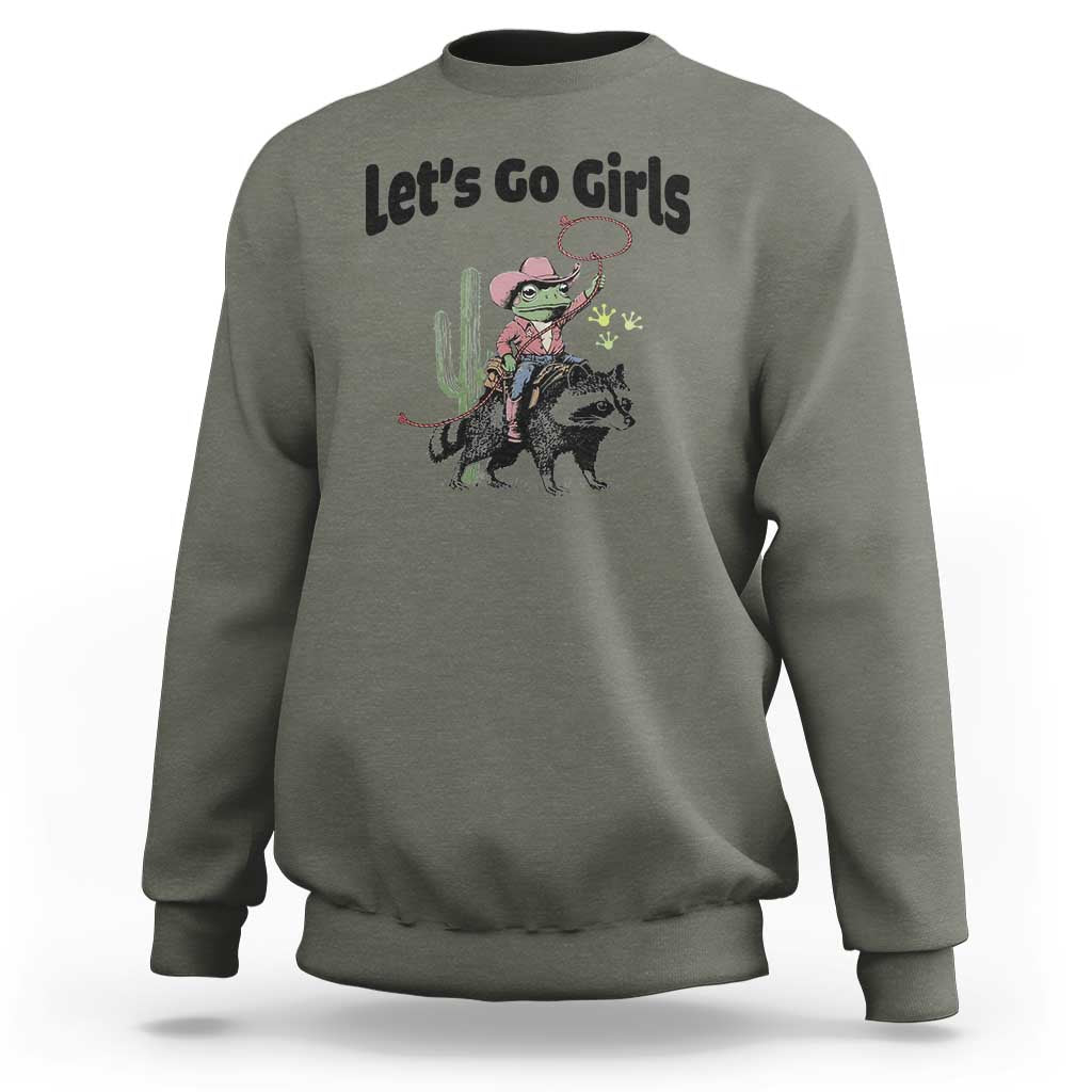 Cowboy Frog Riding Raccoon Sweatshirt Let's Go Girls - Wonder Print Shop