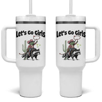 Cowboy Frog Riding Raccoon Tumbler With Handle Let's Go Girls
