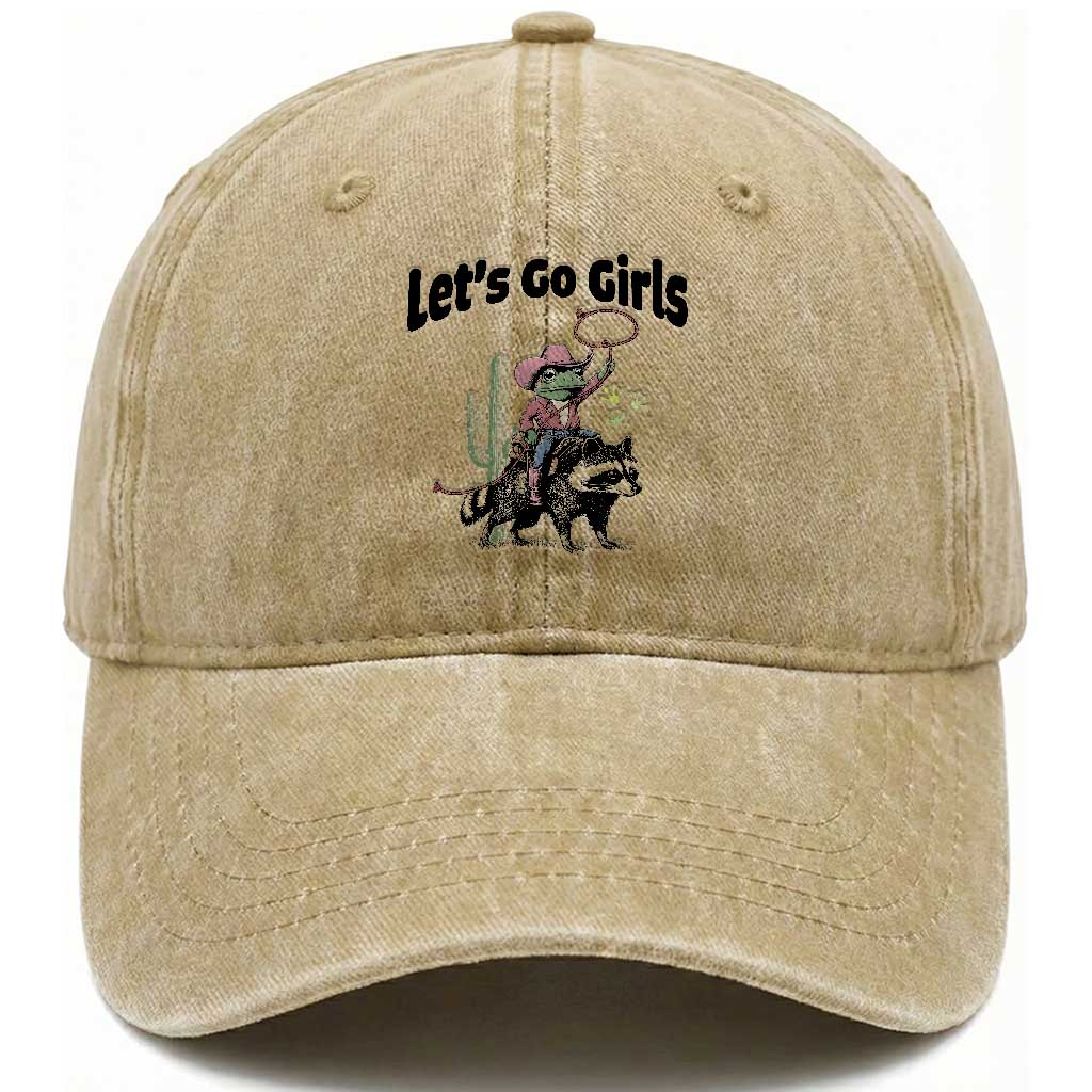 Cowboy Frog Riding Raccoon Washed Cotton Baseball Cap Let's Go Girls