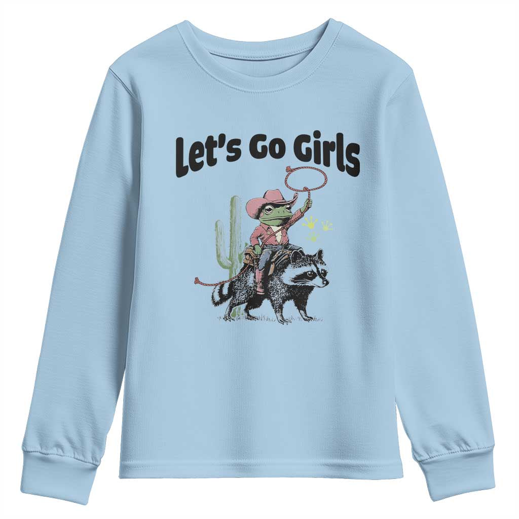 Cowboy Frog Riding Raccoon Youth Sweatshirt Let's Go Girls - Wonder Print Shop