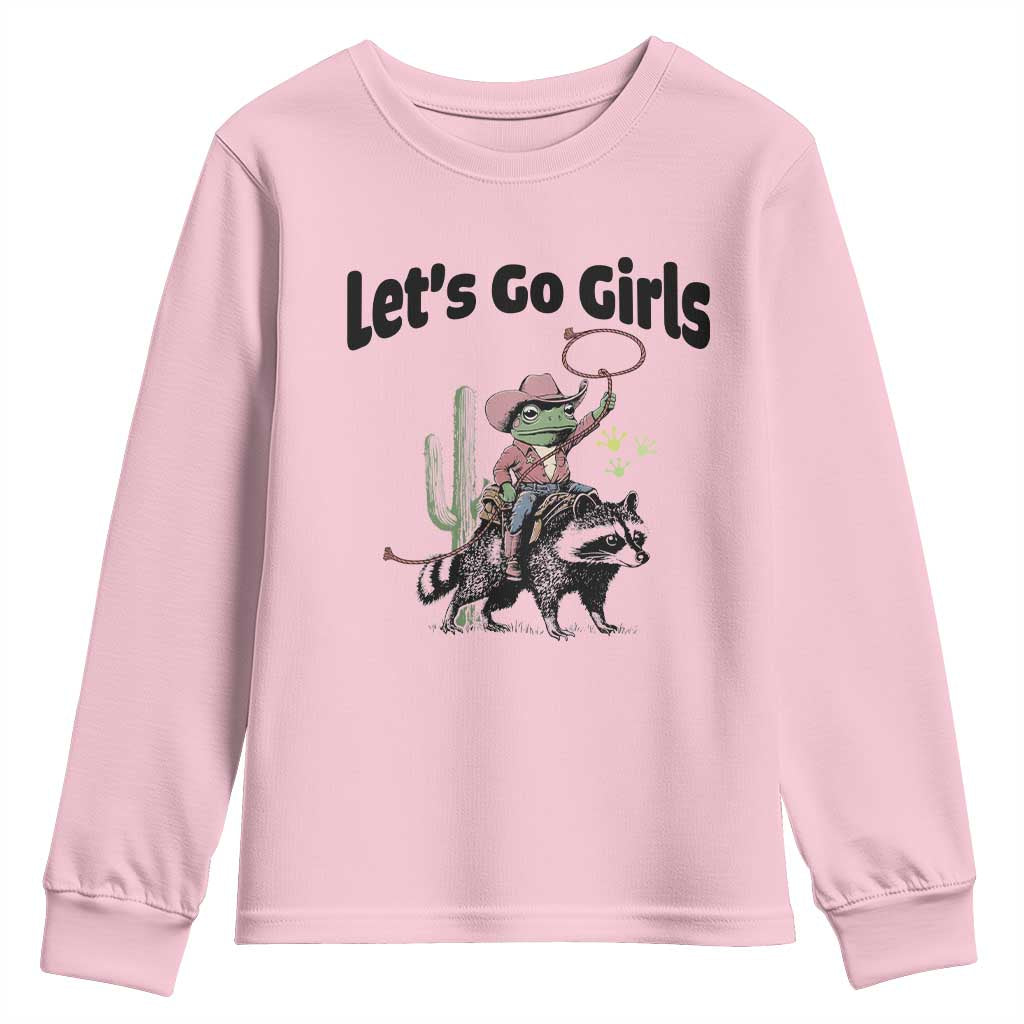 Cowboy Frog Riding Raccoon Youth Sweatshirt Let's Go Girls - Wonder Print Shop