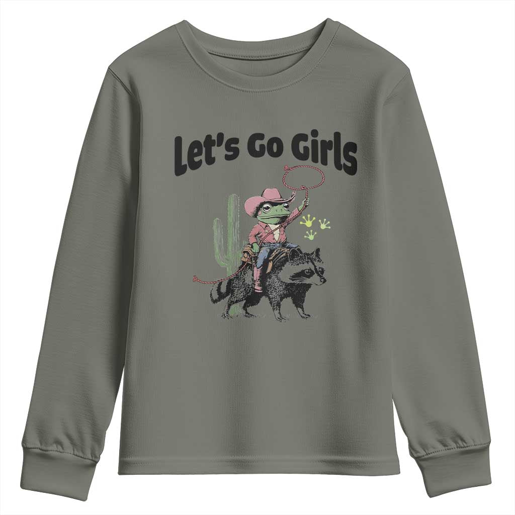Cowboy Frog Riding Raccoon Youth Sweatshirt Let's Go Girls - Wonder Print Shop