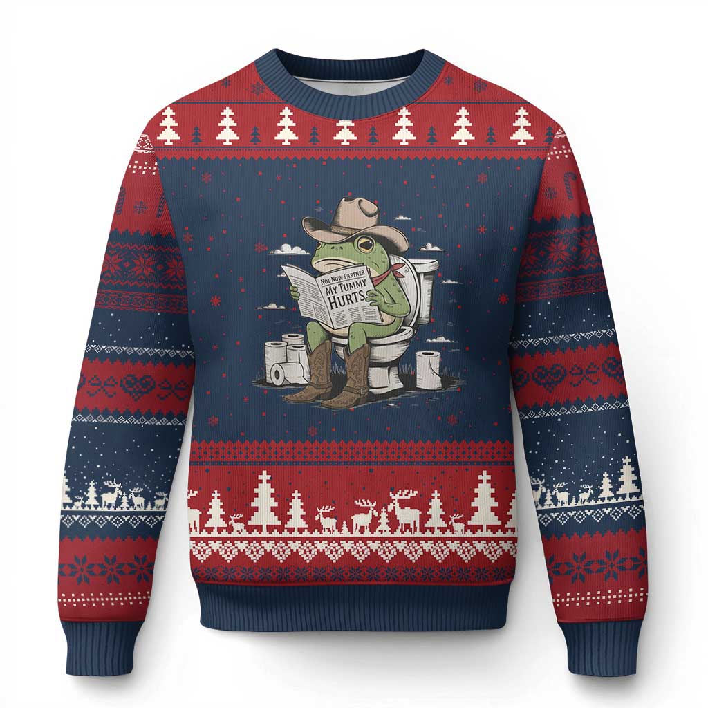 Funny Cowboy Frog Ugly Christmas Sweater Not Now Partner My Tummy Hurts - Wonder Print Shop