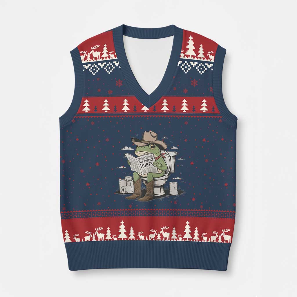 Funny Cowboy Frog V-Neck Knit Sweater Vest Not Now Partner My Tummy Hurts - Wonder Print Shop