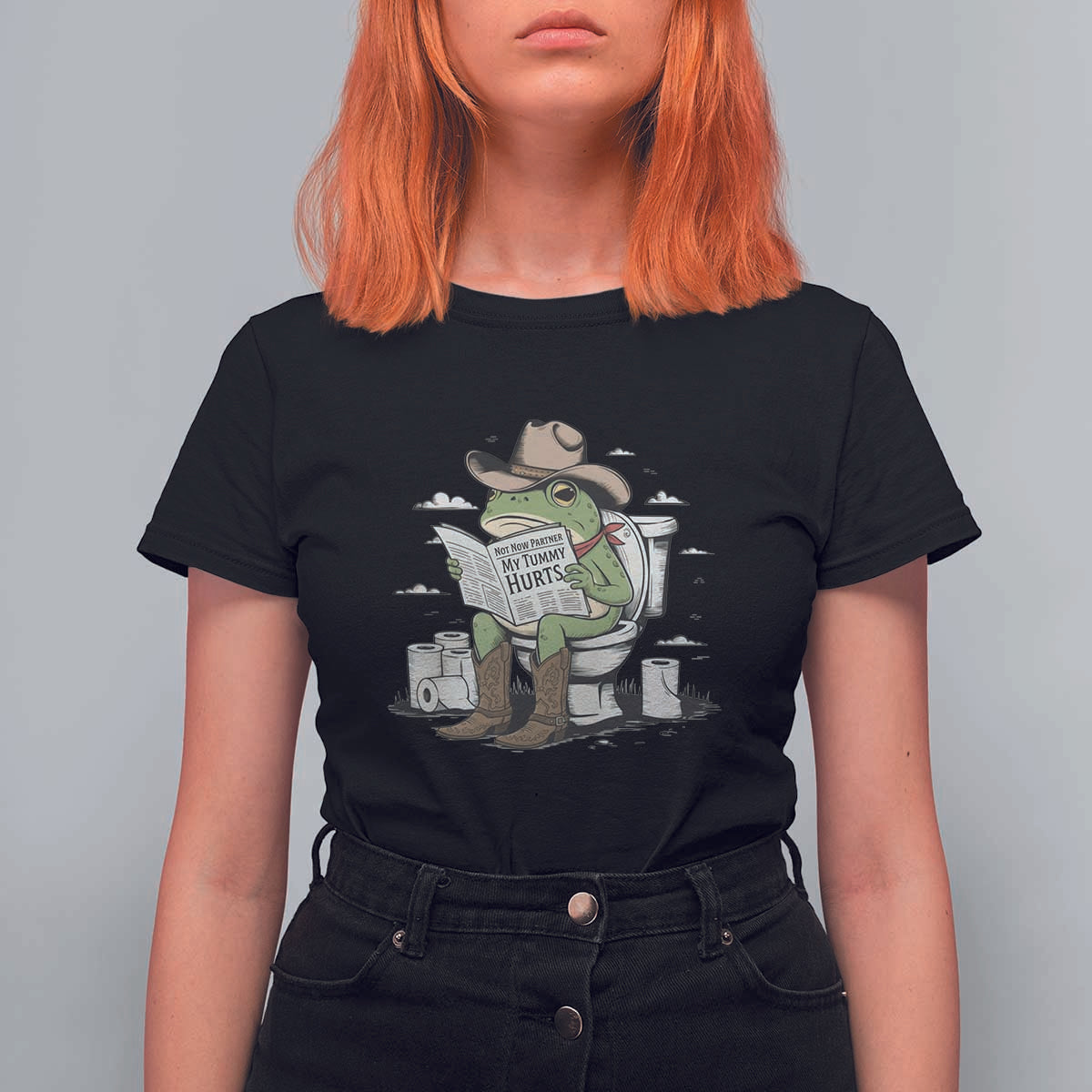 Funny Cowboy Frog T Shirt For Women Not Now Partner My Tummy Hurts - Wonder Print Shop