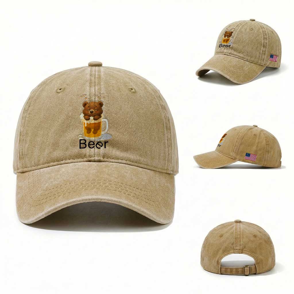 Funny Drinking Lover Washed Cotton Baseball Cap Bear In Beer Glass