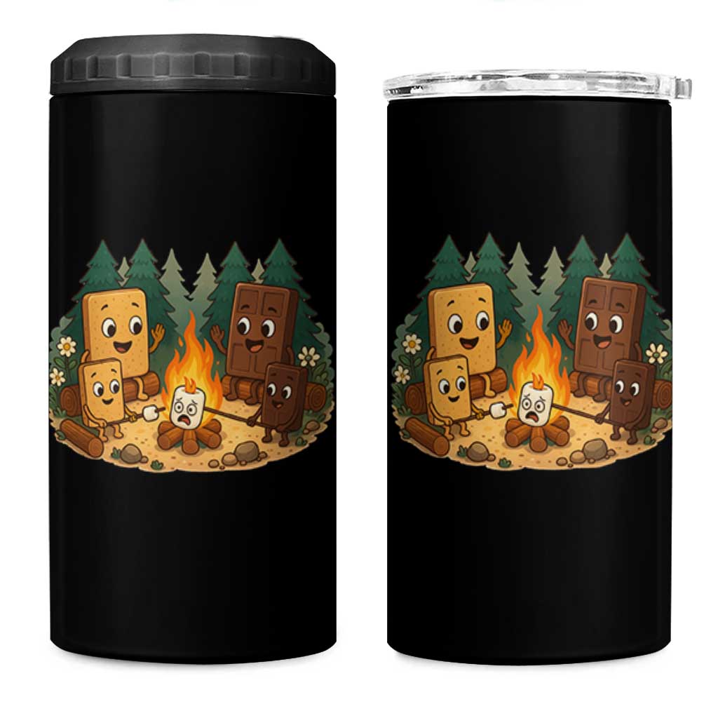 Funny Smores Camping 4 in 1 Can Cooler Tumbler Marshmallow Chocolate Fire