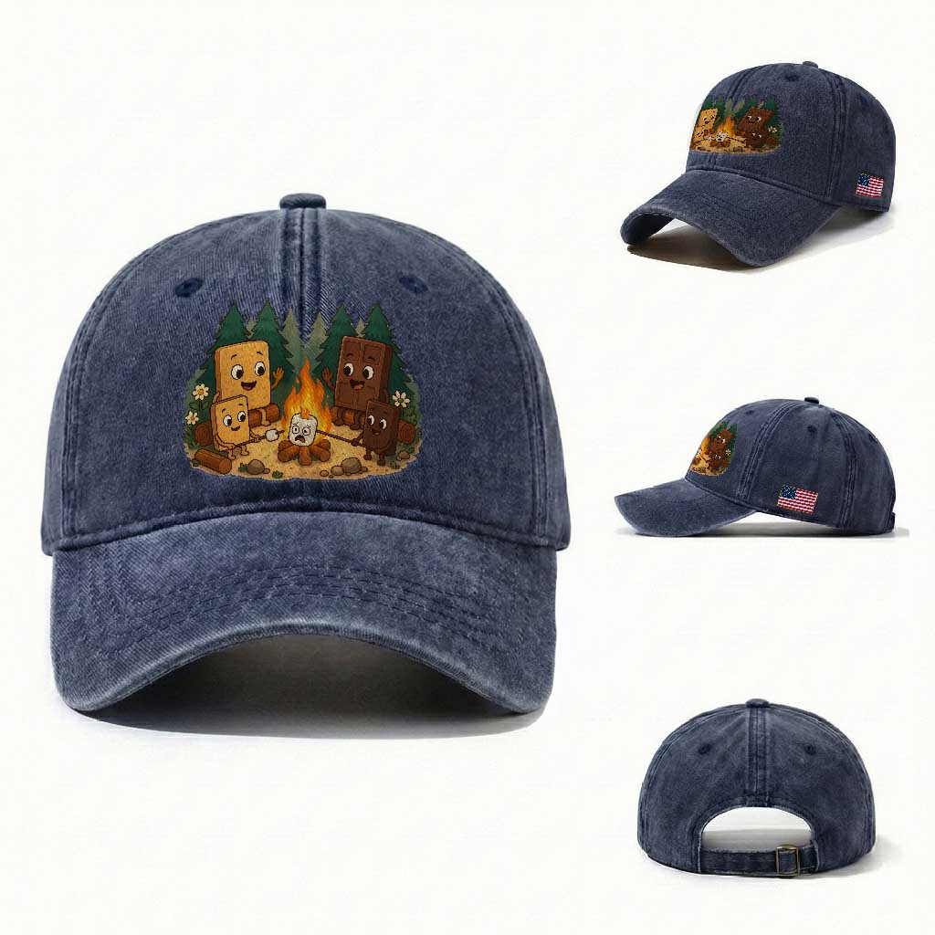 Funny Smores Camping Washed Cotton Baseball Cap Marshmallow Chocolate Fire