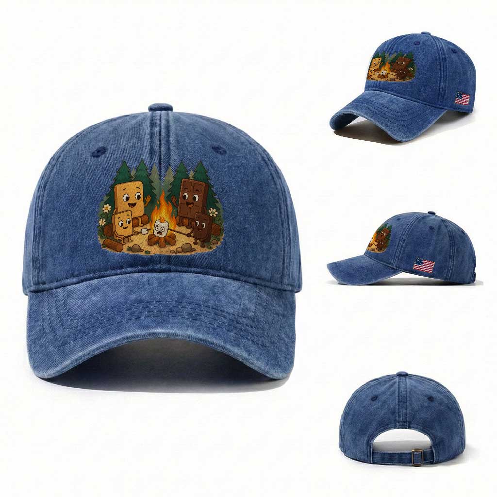 Funny Smores Camping Washed Cotton Baseball Cap Marshmallow Chocolate Fire
