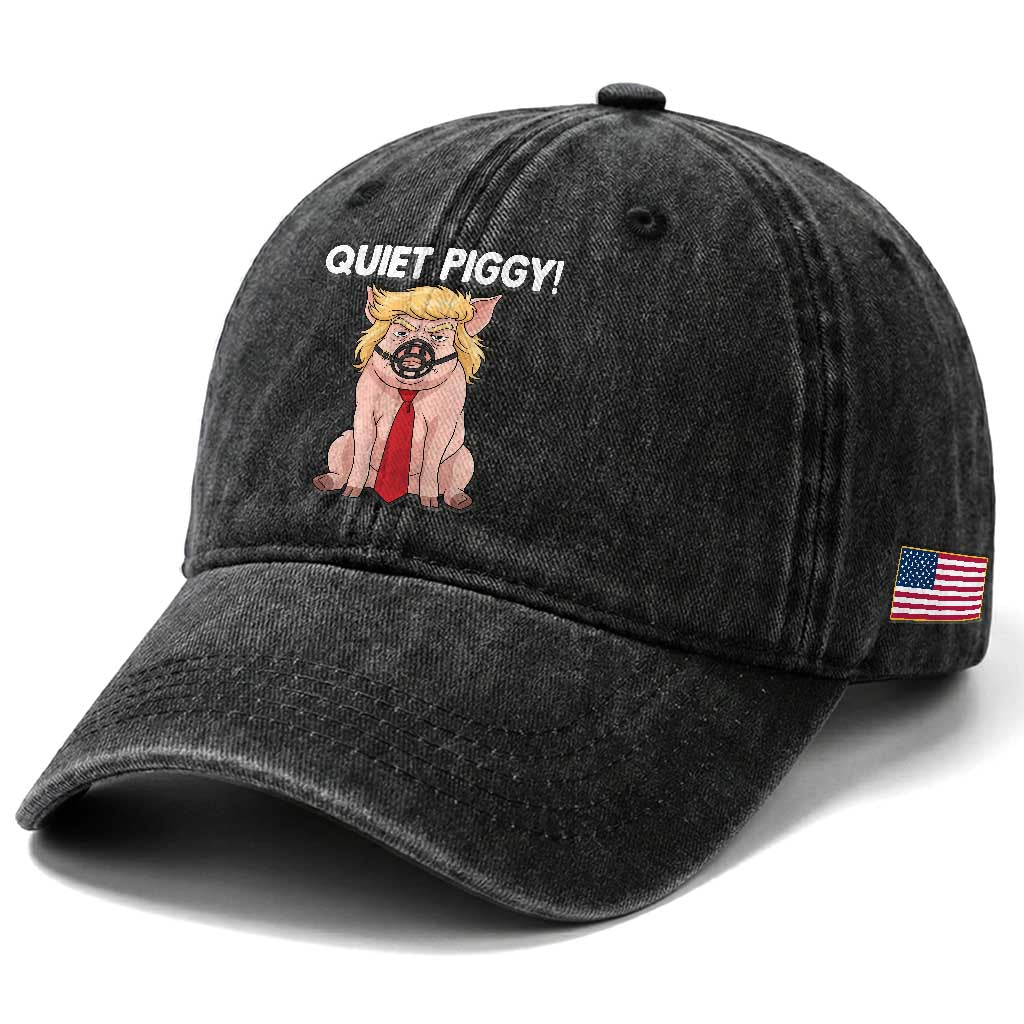 Quiet Quiet Piggy Washed Cotton Baseball Cap Funny Sarcastic Political Anti Authoritarian