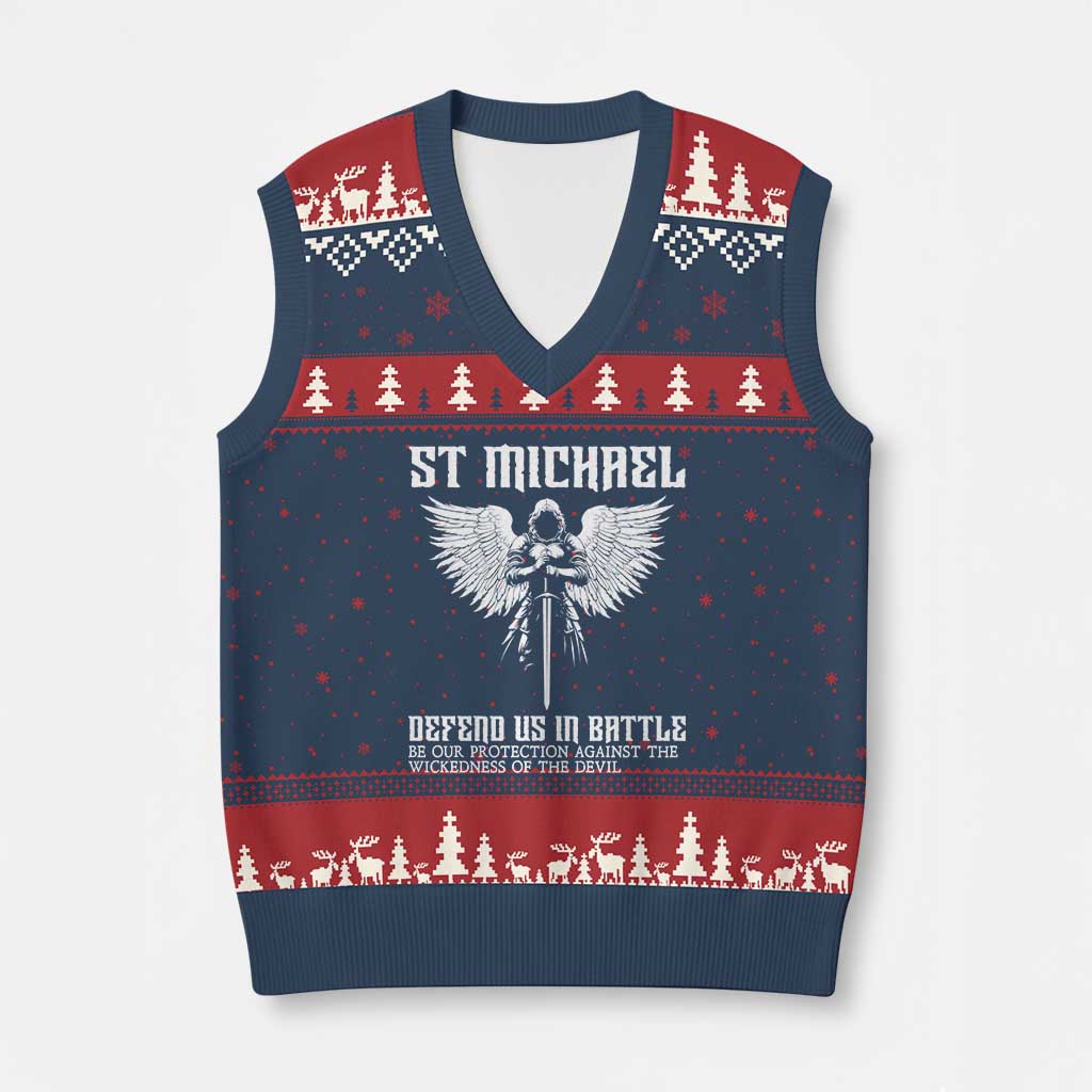 Saint Michael Defend Us In Battle V-Neck Knit Sweater Vest Christian Faith Gift
