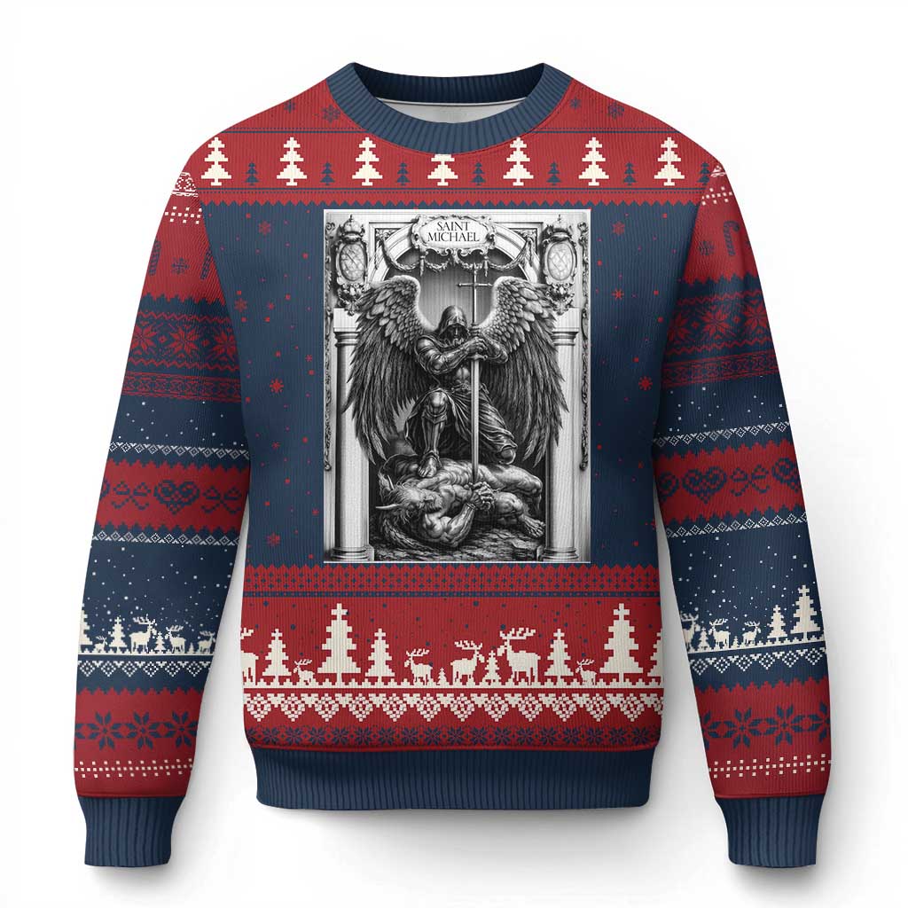 Saint Michael The Archangel Defeating Satan Ugly Christmas Sweater Christian Faith Gift