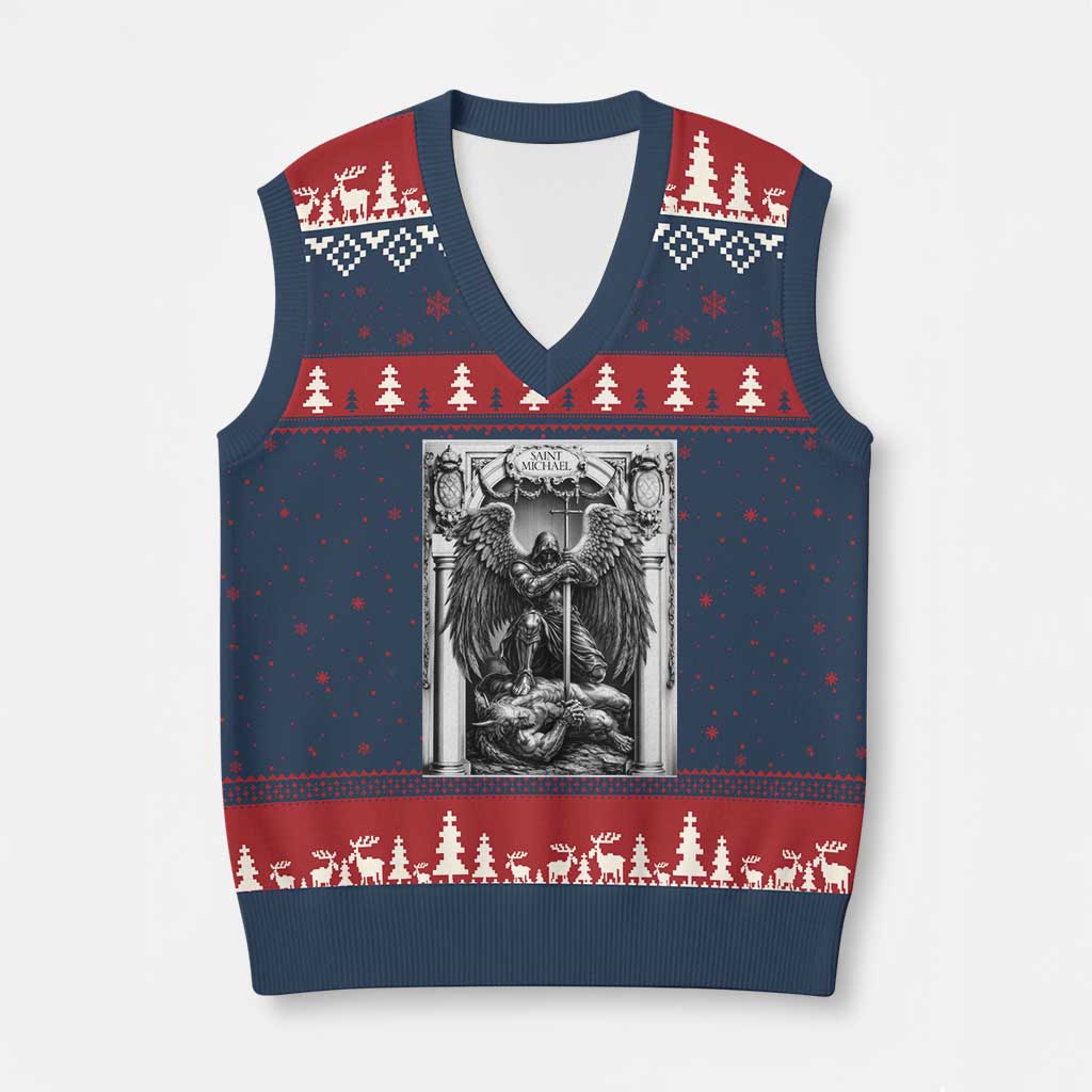 Saint Michael The Archangel Defeating Satan V-Neck Knit Sweater Vest Christian Faith Gift