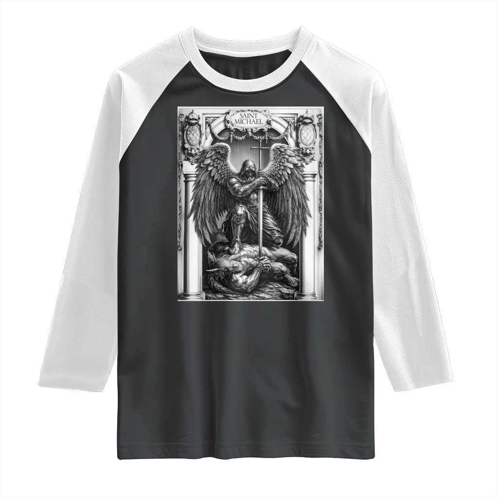 Saint Michael The Archangel Defeating Satan Raglan Shirt Christian Faith Gift