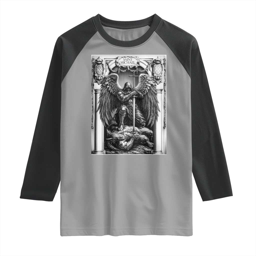 Saint Michael The Archangel Defeating Satan Raglan Shirt Christian Faith Gift