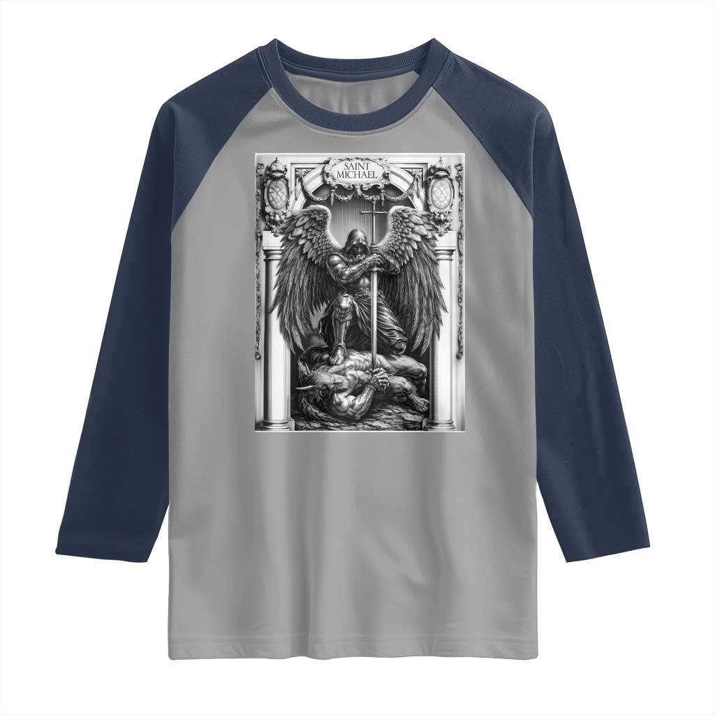 Saint Michael The Archangel Defeating Satan Raglan Shirt Christian Faith Gift