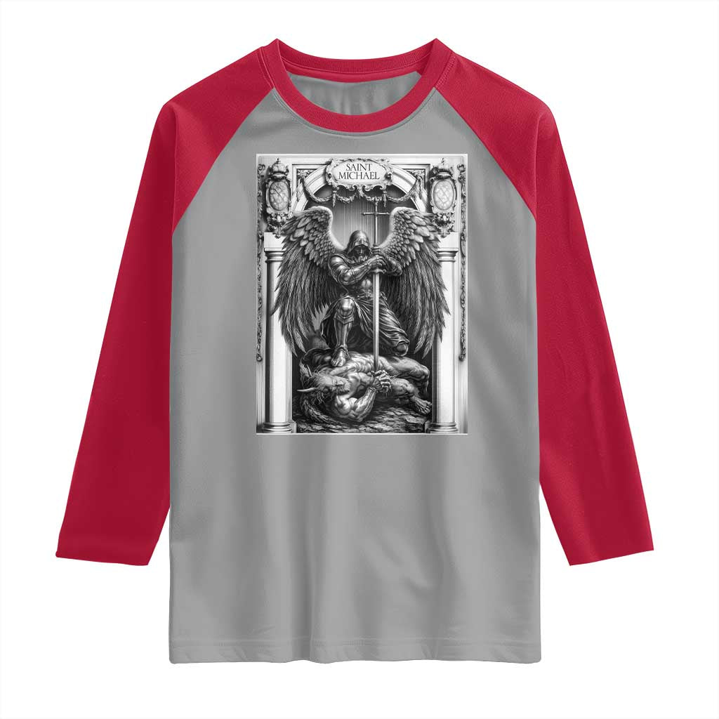 Saint Michael The Archangel Defeating Satan Raglan Shirt Christian Faith Gift