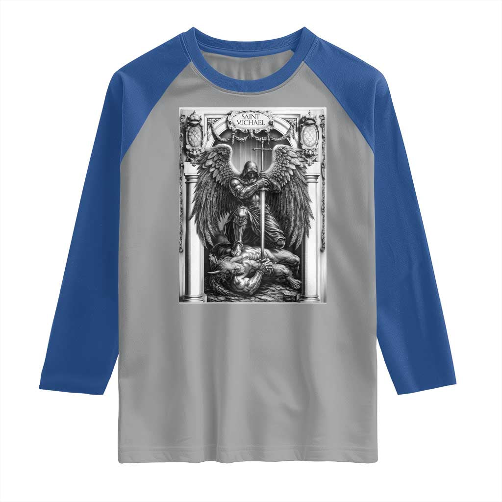 Saint Michael The Archangel Defeating Satan Raglan Shirt Christian Faith Gift