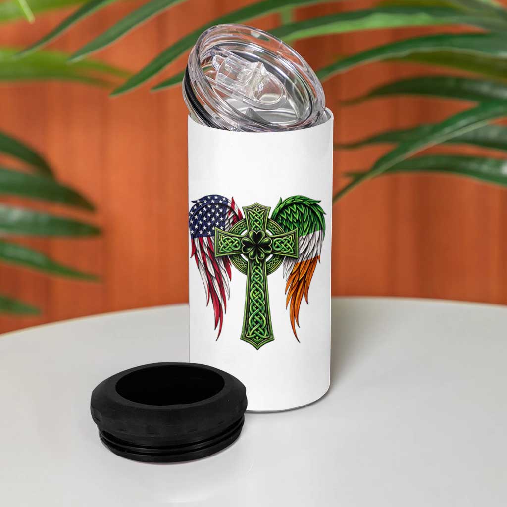 USA Flag Celtic Cross Irish American 4 in 1 Can Cooler Tumbler St Patricks Day Gift