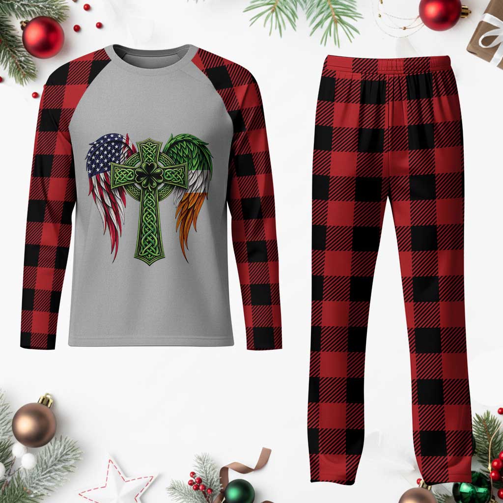 USA Flag Celtic Cross Irish American Plaid Pajama Set St Patricks Day Gift
