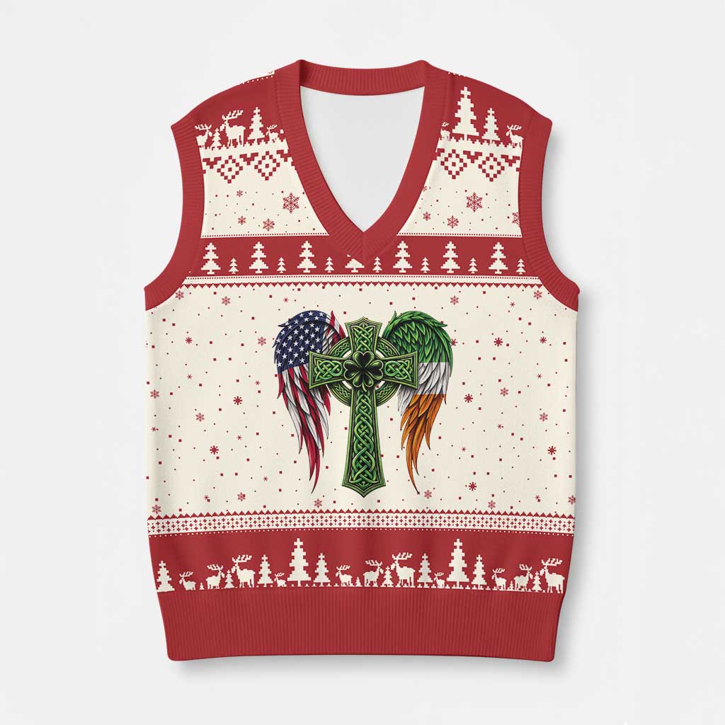 USA Flag Celtic Cross Irish American V-Neck Knit Sweater Vest St Patricks Day Gift