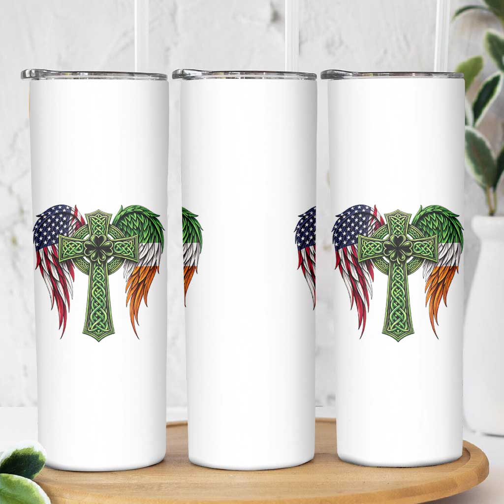 USA Flag Celtic Cross Irish American Skinny Tumbler St Patricks Day Gift