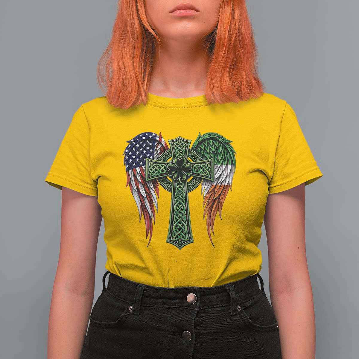 USA Flag Celtic Cross Irish American T Shirt For Women St Patricks Day Gift