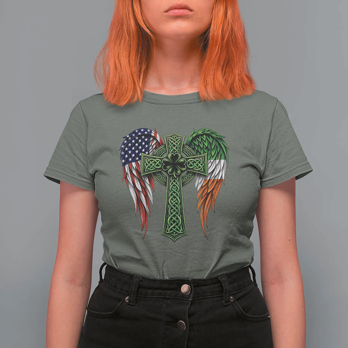 USA Flag Celtic Cross Irish American T Shirt For Women St Patricks Day Gift