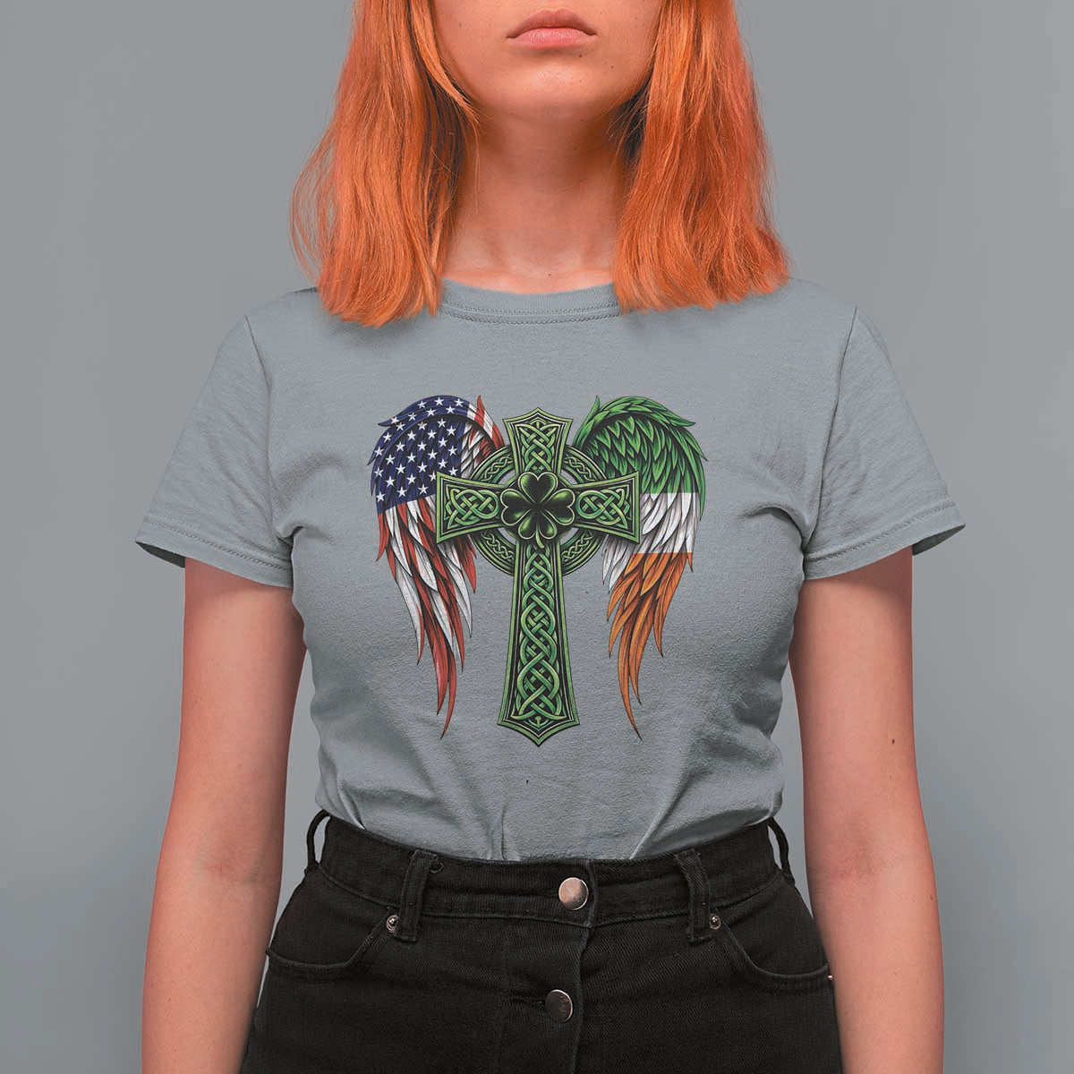USA Flag Celtic Cross Irish American T Shirt For Women St Patricks Day Gift