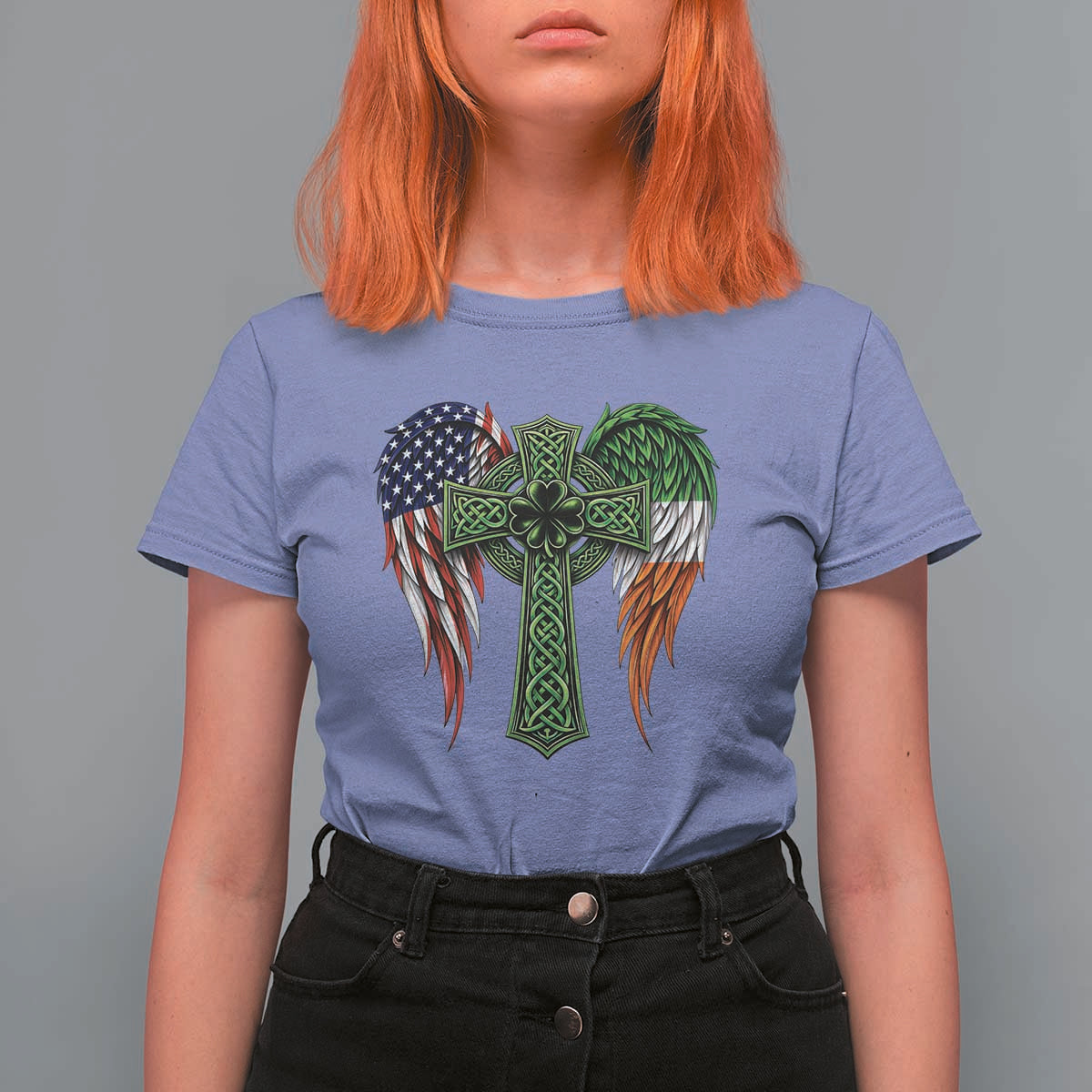 USA Flag Celtic Cross Irish American T Shirt For Women St Patricks Day Gift