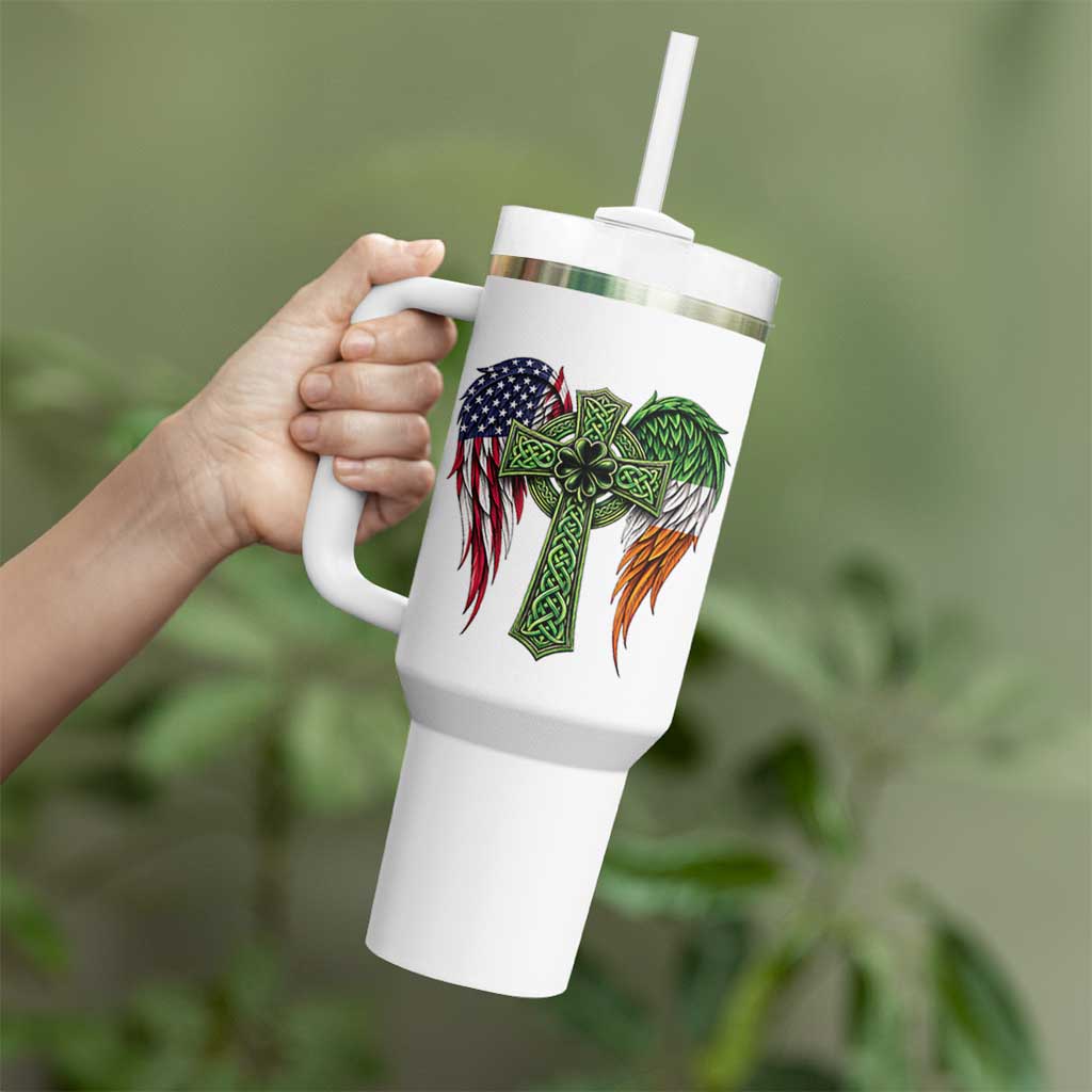 USA Flag Celtic Cross Irish American Tumbler With Handle St Patricks Day Gift