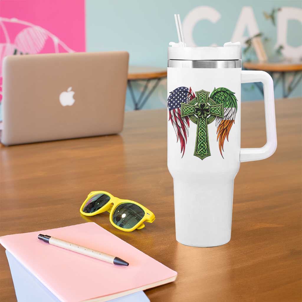 USA Flag Celtic Cross Irish American Tumbler With Handle St Patricks Day Gift