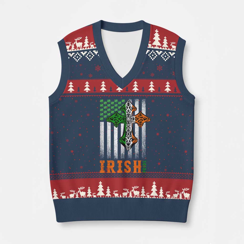Irish American Pride Celtic Cross USA Flag V-Neck Knit Sweater Vest St Patricks Day Gift