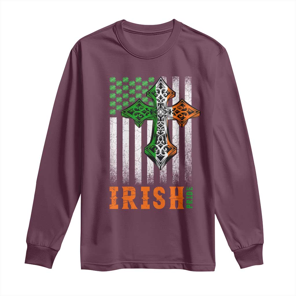 Irish American Pride Celtic Cross USA Flag Long Sleeve Shirt St Patricks Day Gift