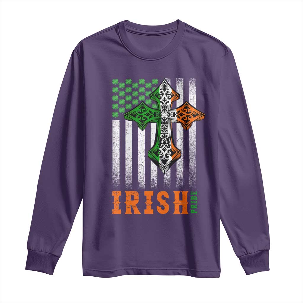 Irish American Pride Celtic Cross USA Flag Long Sleeve Shirt St Patricks Day Gift