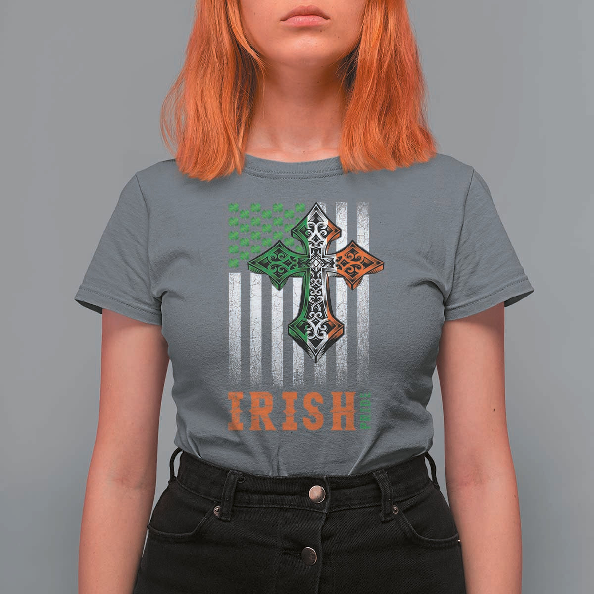 Irish American Pride Celtic Cross USA Flag T Shirt For Women St Patricks Day Gift