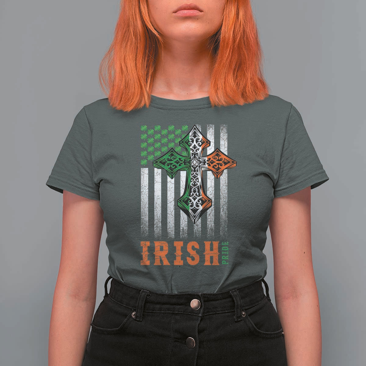 Irish American Pride Celtic Cross USA Flag T Shirt For Women St Patricks Day Gift