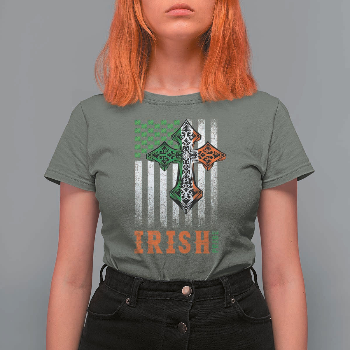 Irish American Pride Celtic Cross USA Flag T Shirt For Women St Patricks Day Gift