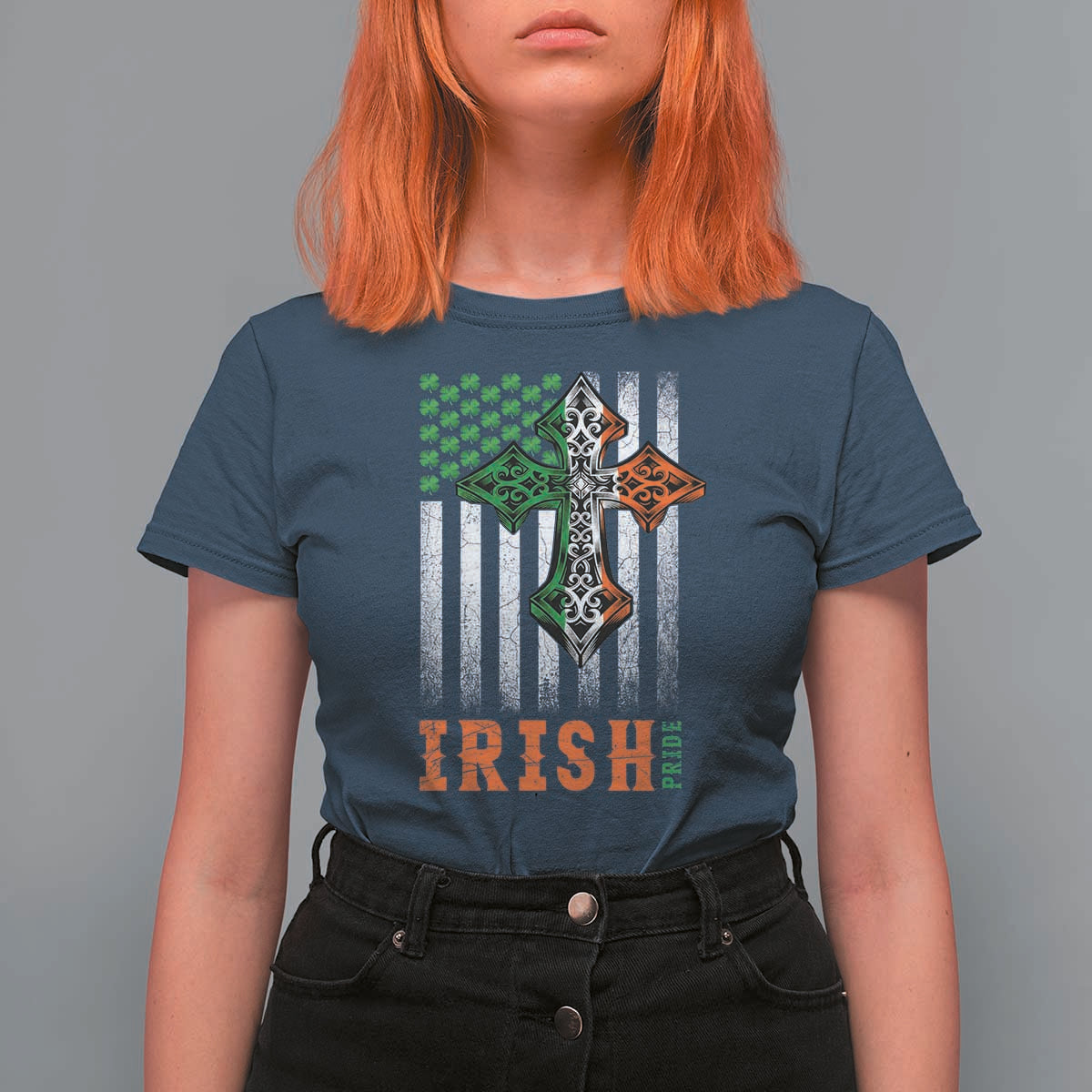 Irish American Pride Celtic Cross USA Flag T Shirt For Women St Patricks Day Gift