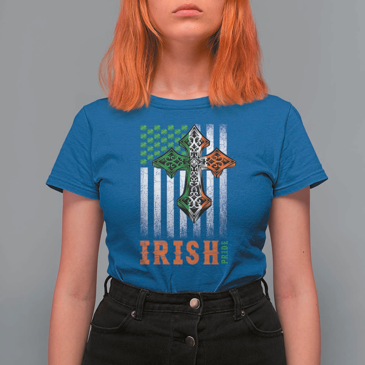 Irish American Pride Celtic Cross USA Flag T Shirt For Women St Patricks Day Gift