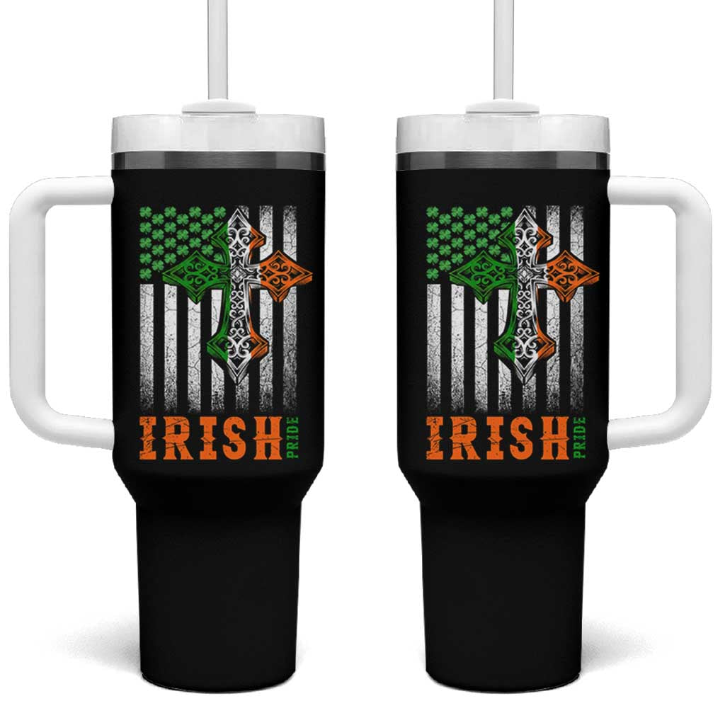 Irish American Pride Celtic Cross USA Flag Tumbler With Handle St Patricks Day Gift