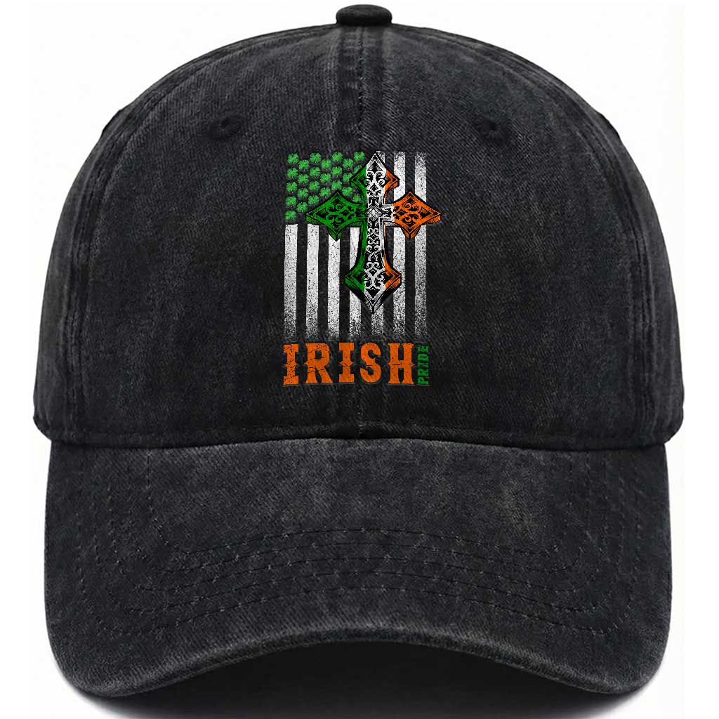 Irish American Pride Celtic Cross USA Flag Washed Cotton Baseball Cap St Patricks Day Gift
