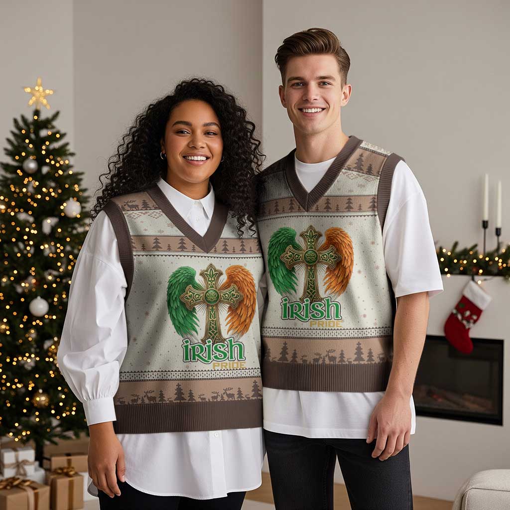 Irish Pride Celtic Cross V-Neck Knit Sweater Vest Christian Gift