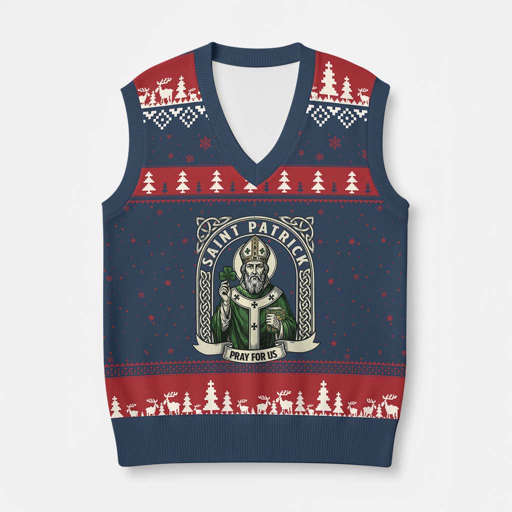 Saint Patrick Pray For Us V-Neck Knit Sweater Vest St Patricks Day Religious Gift