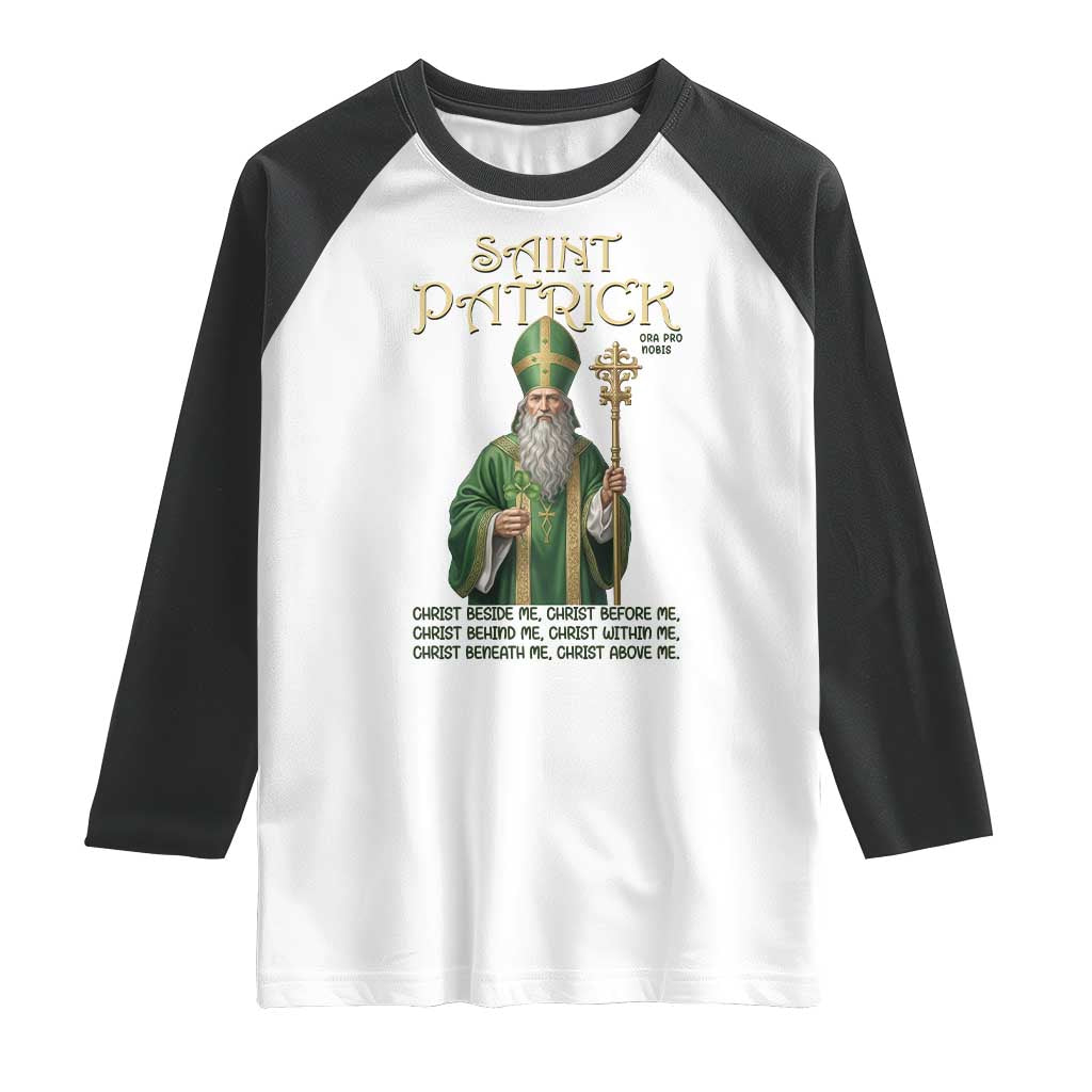 Saint Patrick Ora Pro Nobis Raglan Shirt Irish Christian Prayer
