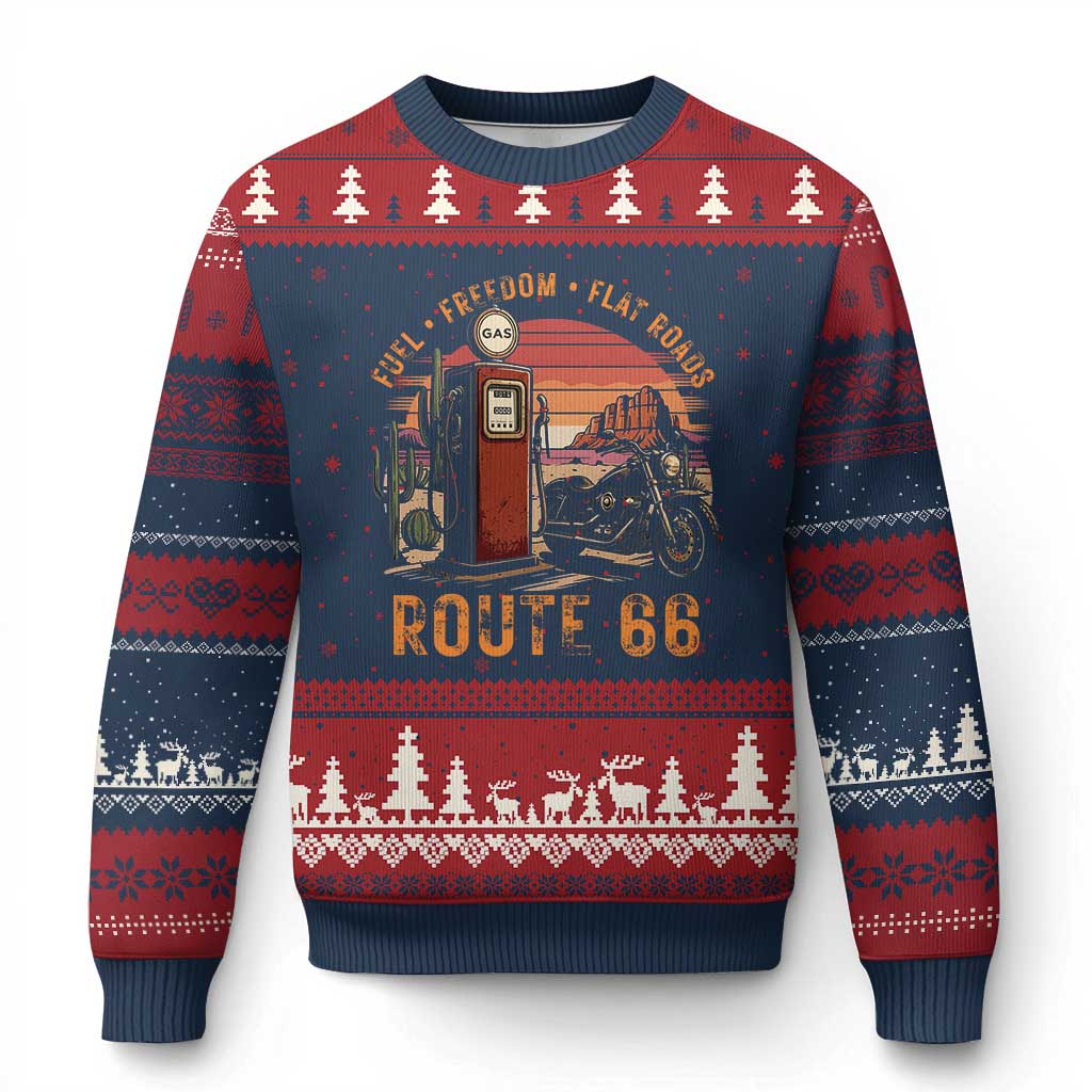 Vintage Route Highway 66 Gas Pump Ugly Christmas Sweater Fuel Freedom Flat Roads