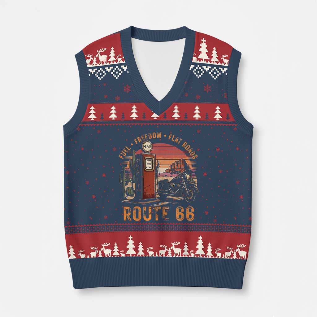 Vintage Route Highway 66 Gas Pump V-Neck Knit Sweater Vest Fuel Freedom Flat Roads