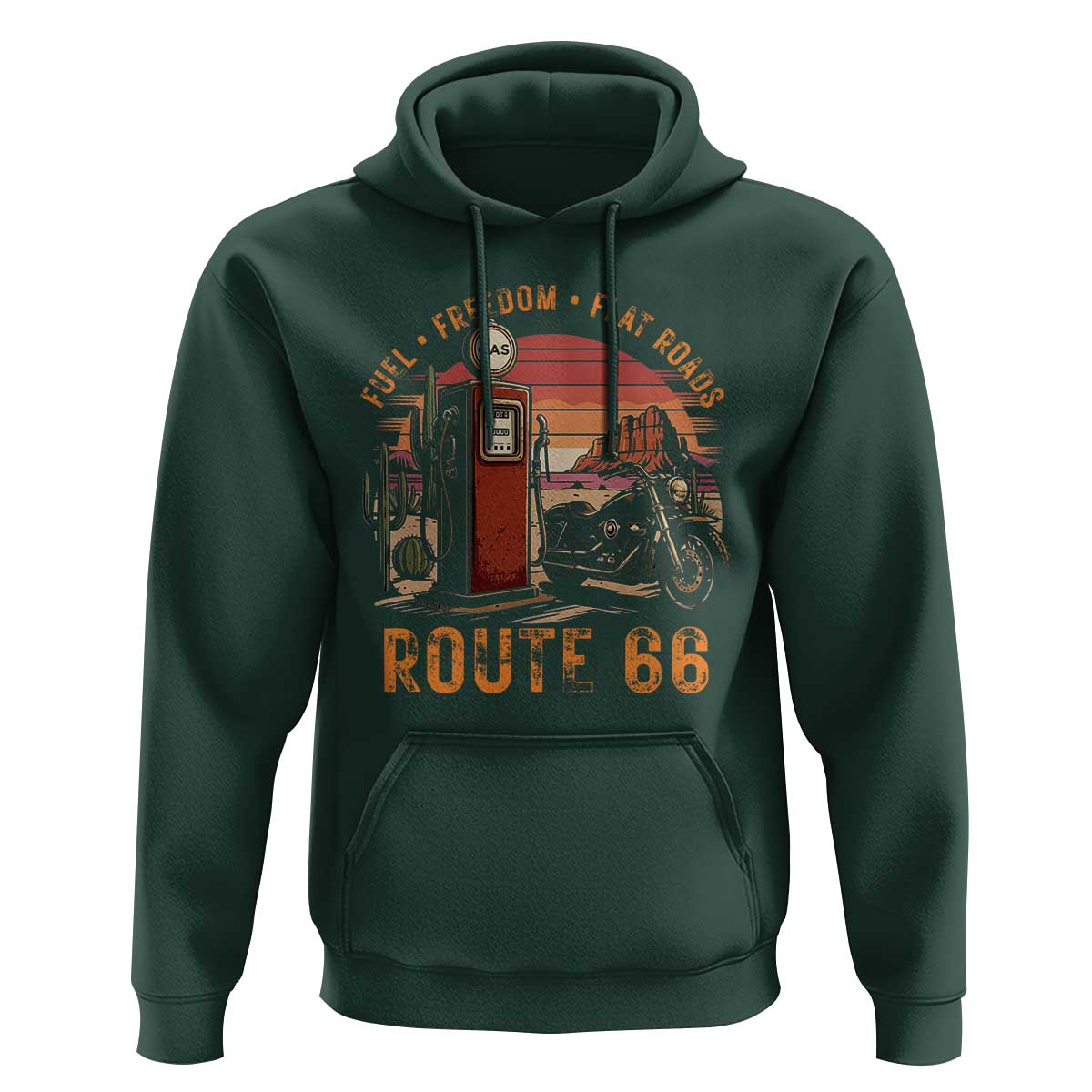 Vintage Route Highway 66 Gas Pump Hoodie Fuel Freedom Flat Roads